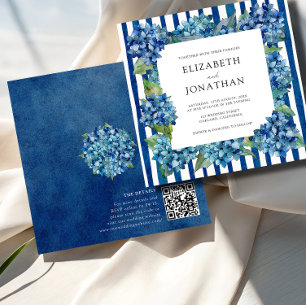 Moderne blaue Hortensien-Streifen-RSVP-QR-Code-Hoc Einladung