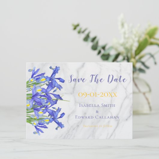 Moderne blaue Iren Bloral Gray Marble Wedding Save The Date (Stehend Vorderseite)