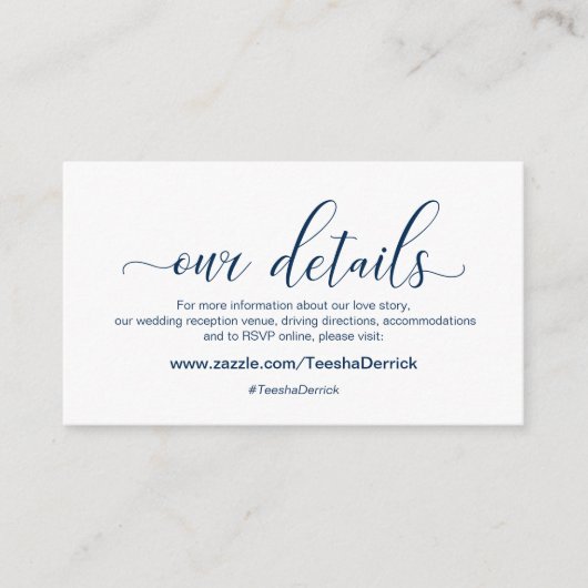 Moderne blaue Kalligraphie, Hochzeit unserer Detai Begleitkarte (Vorderseite)