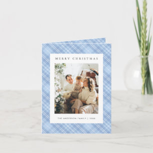 Moderne Blaue Karo-Familienfoto-Weihnachten Feiertagskarte
