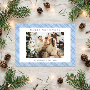 Moderne Blaue Karo-Familienfoto-Weihnachten Feiertagskarte