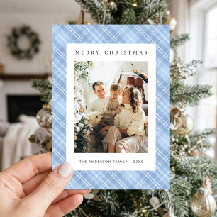 Moderne Blaue Karo-Familienfoto-Weihnachten Feiertagskarte