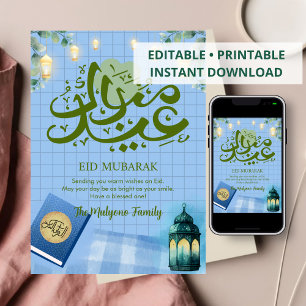 Moderne Blaue Koran- und Laternen-Eid-Mubarak-Kart Feiertagskarte