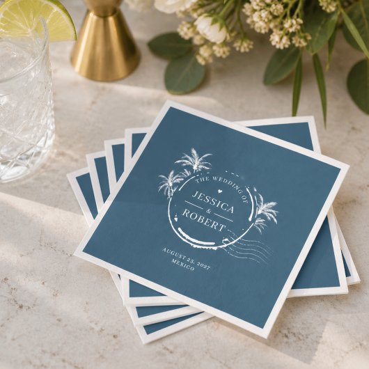 Moderne Blaue Küsten-Stempel-Hochzeit Serviette