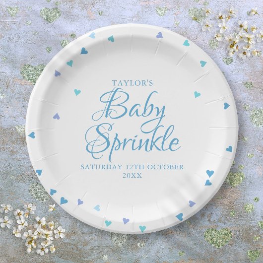 Moderne blaue Liebe Herz Babydusche Sprinkle Pappteller