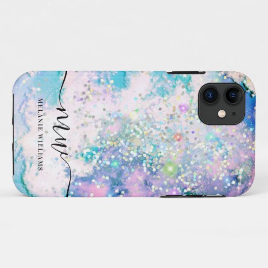 Moderne blaue lila Glitzer mit Monogramm Case-Mate iPhone Hülle (Rückseite (Horizontal))