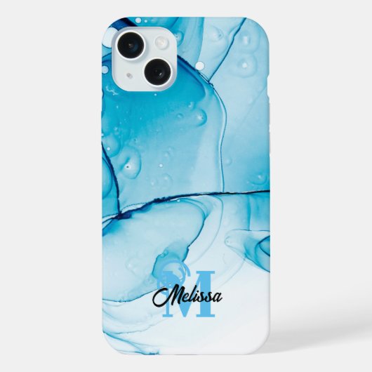 Moderne blaue Marmor-Monogramm iPhone Hülle (Rückseite)