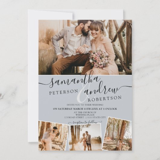 Moderne blaue minimalistische Drehbuch 5 Fotos Hoc Einladung (Rückseite)