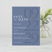 Moderne Blaue Minimalistische Hochzeit Save The Date (Stehend Vorderseite)