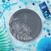 Moderne blaue Monogram-Florpapier-Platte Pappteller (Party)