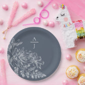 Moderne blaue Monogram-Florpapier-Platte Pappteller (Party)