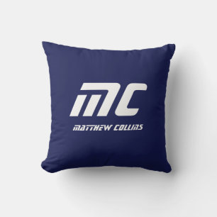 Moderne blaue Monogramm-Minimalistennamen Weiße Sc Kissen