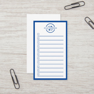 Moderne Blaue Monogramm-Name-To-Do-Liste Visitenkarte