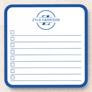 Moderne Blaue Monogramm-Name-To-Do-Liste-Weißwandt Getränkeuntersetzer