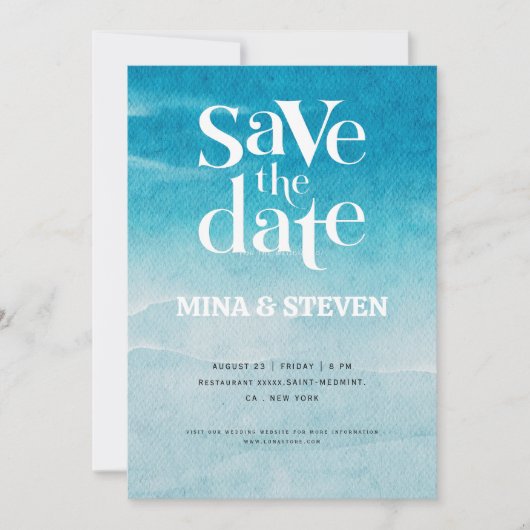 Moderne blaue Ozeane Wasserfarbenhochzeit Save The Date (Vorderseite)
