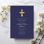 Moderne Blaue religiöse Cross Boy Taufe Einladung