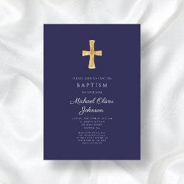 Moderne Blaue religiöse Cross Boy Taufe Einladung