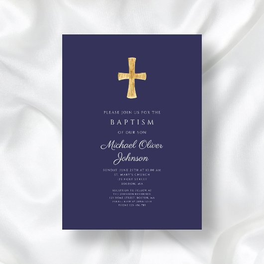 Moderne Blaue religiöse Cross Boy Taufe Einladung