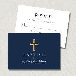 Moderne Blaue religiöse Cross Boy Taufe RSVP Karte
