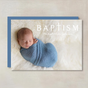 Moderne Blaue Religiöse Kreuz Foto Junge Taufe Einladung