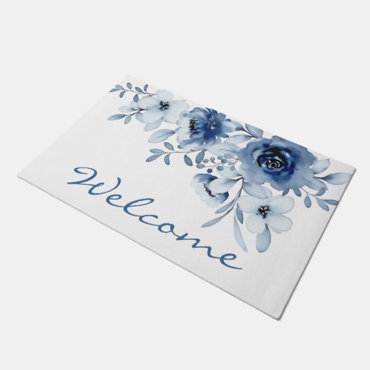 Moderne blaue Rose Blumengrün Willkommen Fußmatte (Schrägansicht)