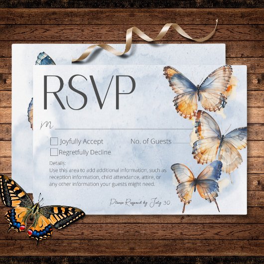 Moderne blaue Rost Wasserfarbenfrohe Schmetterling RSVP Karte