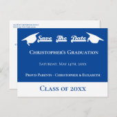 Moderne, blaue, Save the Date Graduierungskappe Ankündigungspostkarte (Vorne/Hinten)