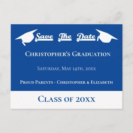 Moderne, blaue, Save the Date Graduierungskappe Ankündigungspostkarte (Vorderseite)