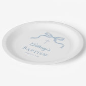 Moderne blaue Schleife Taufe Papierplatte Pappteller (Schrägansicht)