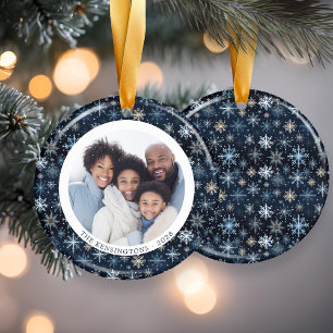 Moderne Blaue Schneeflocken Familien-Weihnachtsfot Keramik Ornament