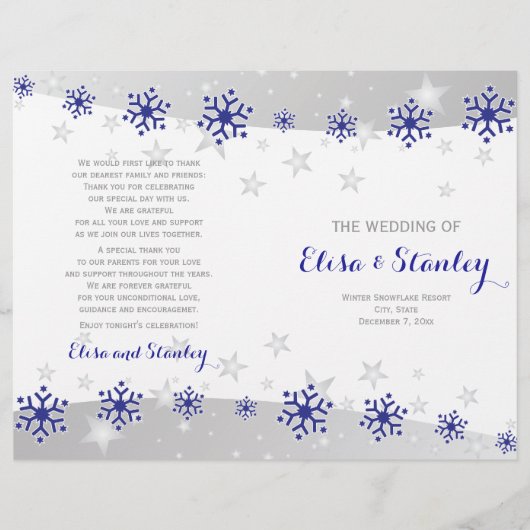 Moderne blaue Schneeflocken gefaltet Hochzeitsprog (Vorderseite)