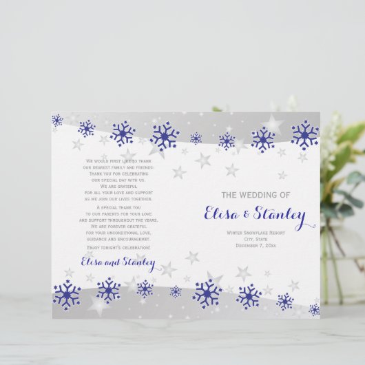 Moderne blaue Schneeflocken gefaltet Hochzeitsprog (Stehend Vorderseite)