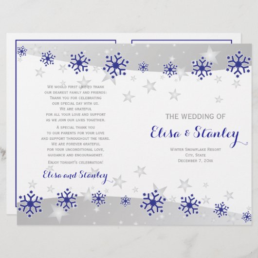 Moderne blaue Schneeflocken gefaltet Hochzeitsprog (Vorne/Hinten)