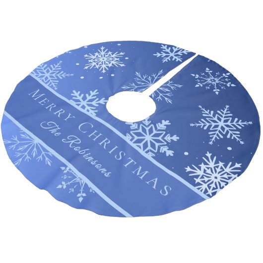 Moderne blaue Schneeflocken Polyester Weihnachtsbaumdecke (Schrägansicht)