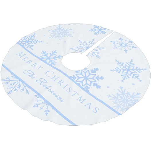 Moderne blaue Schneeflocken Polyester Weihnachtsbaumdecke (Schrägansicht)