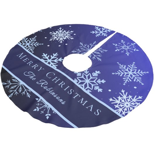 Moderne blaue Schneeflocken Polyester Weihnachtsbaumdecke (Schrägansicht)