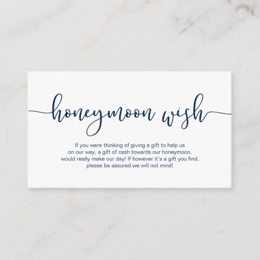 Moderne blaue Schrift, Hochzeitshoneymoon Wish Begleitkarte (Vorderseite)
