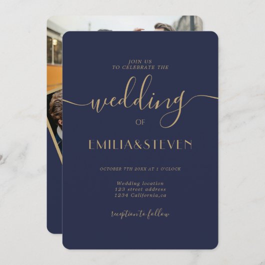 Moderne Blaue Schriftzeichen-Foto-Initialen Hochze Einladung (Vorne/Hinten)