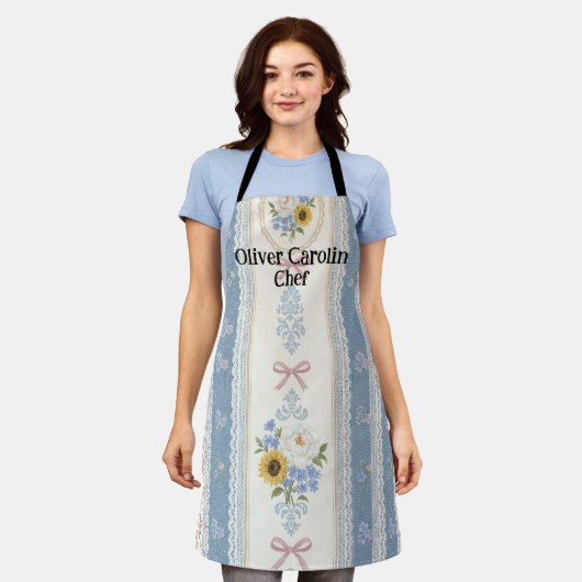 Moderne blaue Schürze mit individuellem Text perso (Getragen)