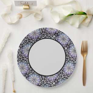 Moderne blaue, schwarze und graue Blumengrafik Pappteller