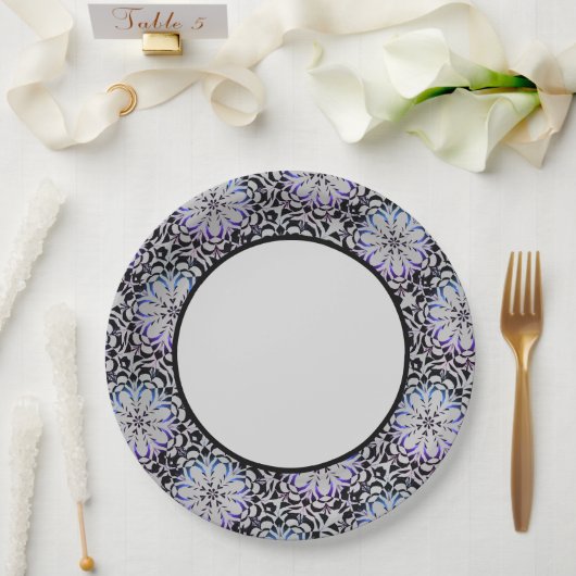 Moderne blaue, schwarze und graue Blütengrafik Pappteller (Hochzeit)