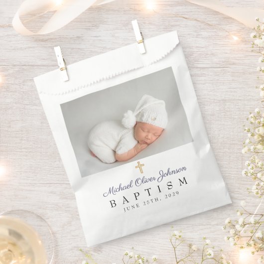 Moderne Blaue Script-Foto-Taufe Geschenktütchen (Ausgeschnitten)