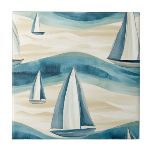 Moderne Blaue Segelboot-Ozeanwellen-Muster Fliese