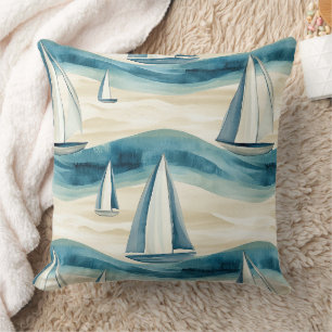 Moderne Blaue Segelboot-Ozeanwellen-Muster Kissen