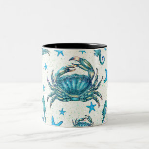 Moderne Blaue Strandkrabbe Seestern Seepferdchen F Zweifarbige Tasse