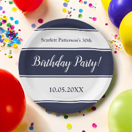 Moderne blaue Streifen Elegant zum Geburtstag Pappteller