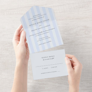 Moderne blaue Streifen elegante Hochzeit All In One Einladung