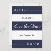 Moderne blaue Streifen Elegante Hochzeit Save The Date (Vorderseite)