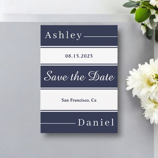 Moderne blaue Streifen Elegante Hochzeit Save The Date