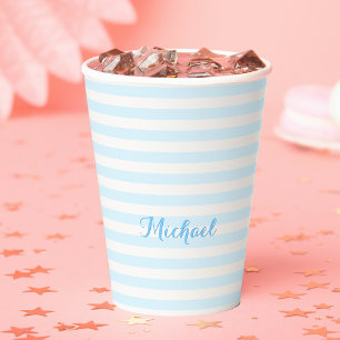 Moderne blaue Streifen Elegante Mit Monogramm Typo Pappbecher